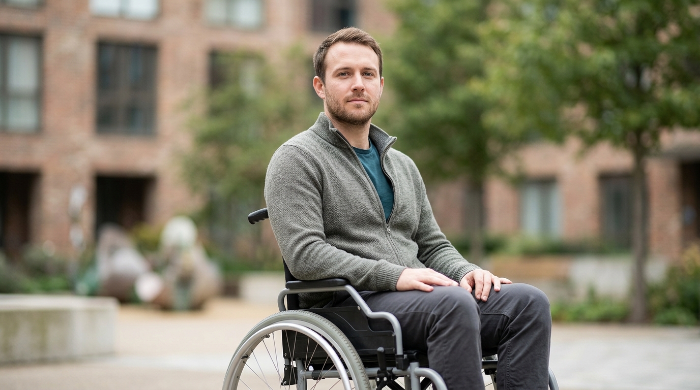Wheelchair user facing forward with quiet resolve after a catastrophic spinal injury.
