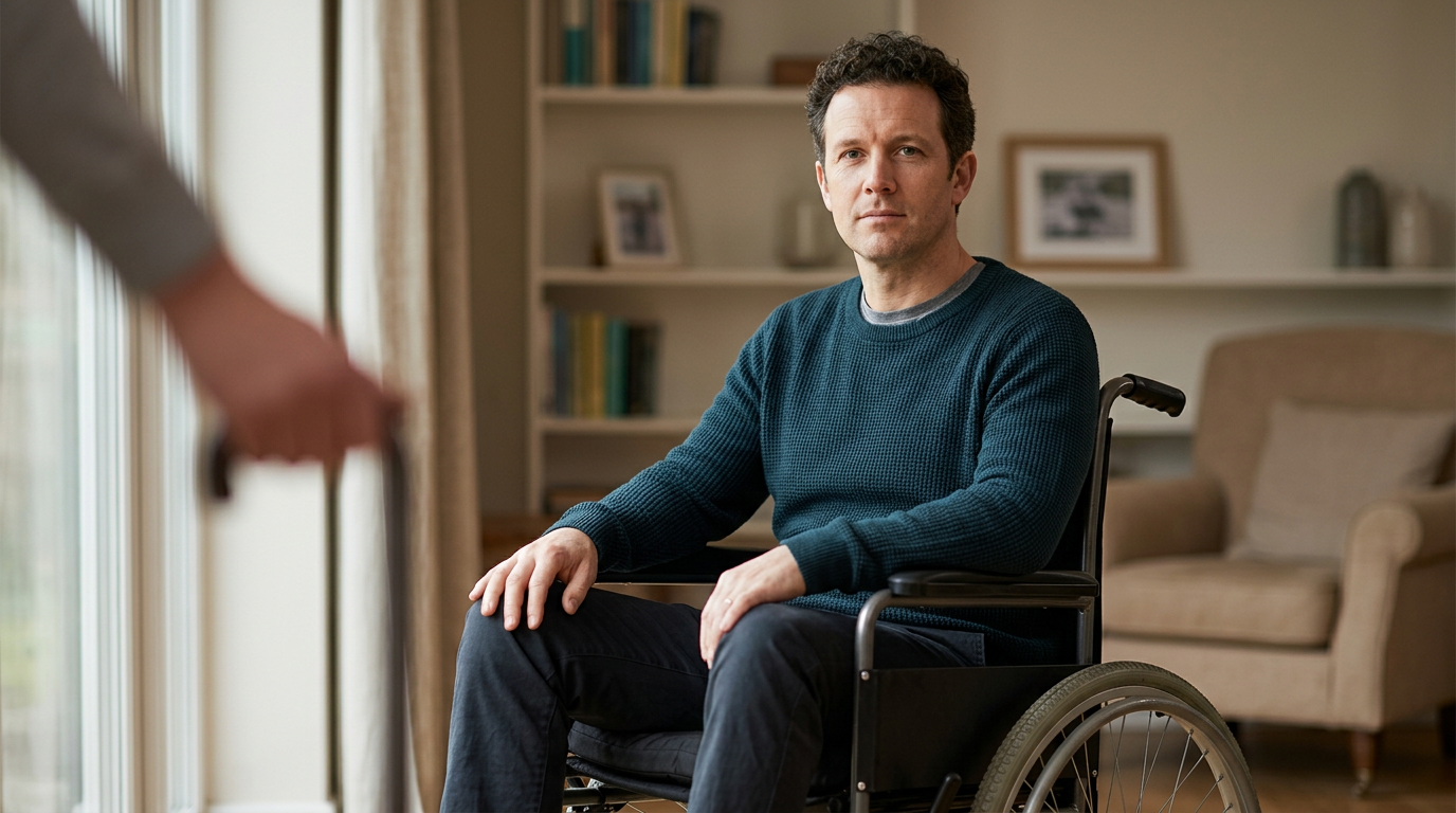 Wheelchair user gazing forward with a calm, determined expression.