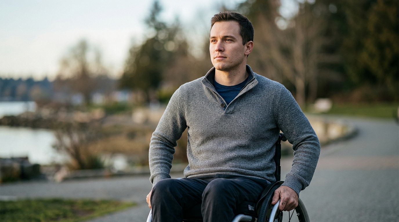 Wheelchair user gazing forward with a determined, resolute expression.