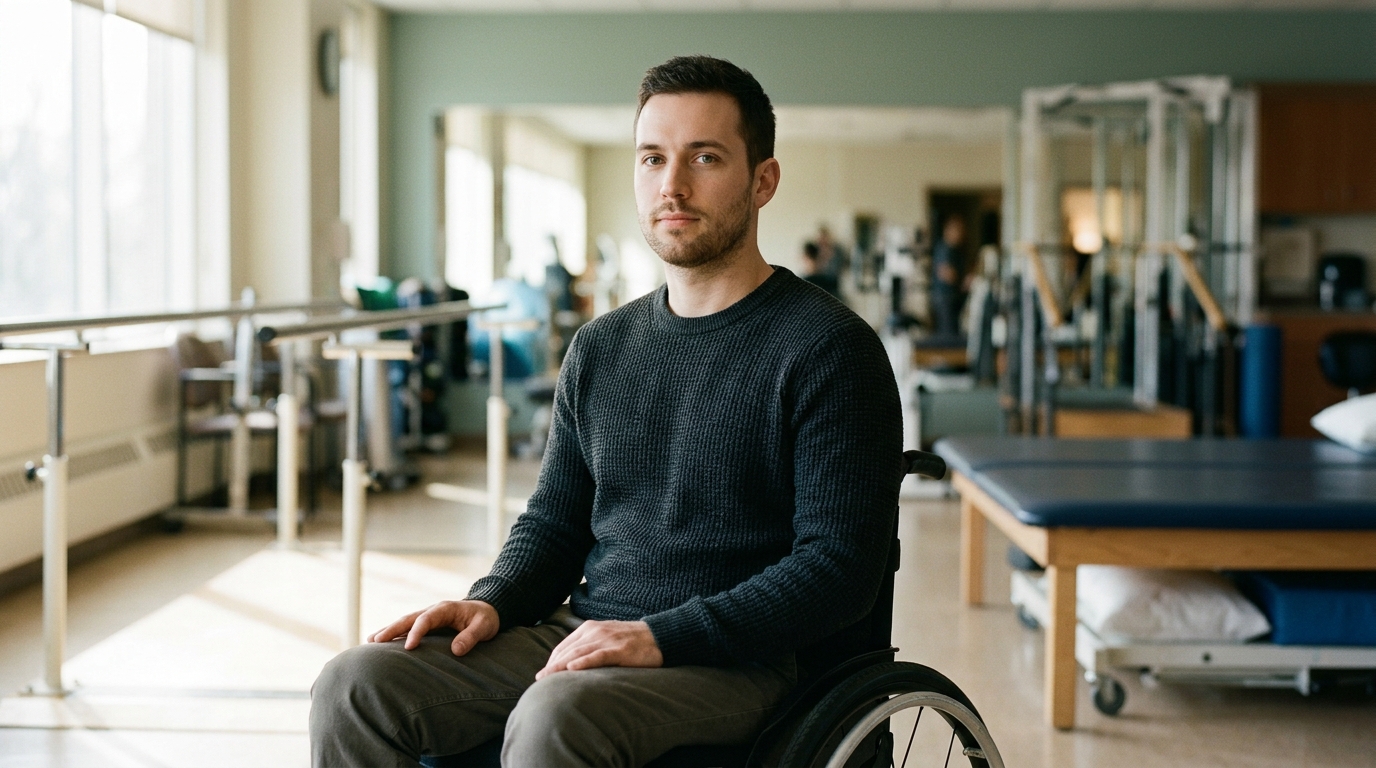 Wheelchair user gazing forward with quiet determination during spinal cord injury rehabilitation.