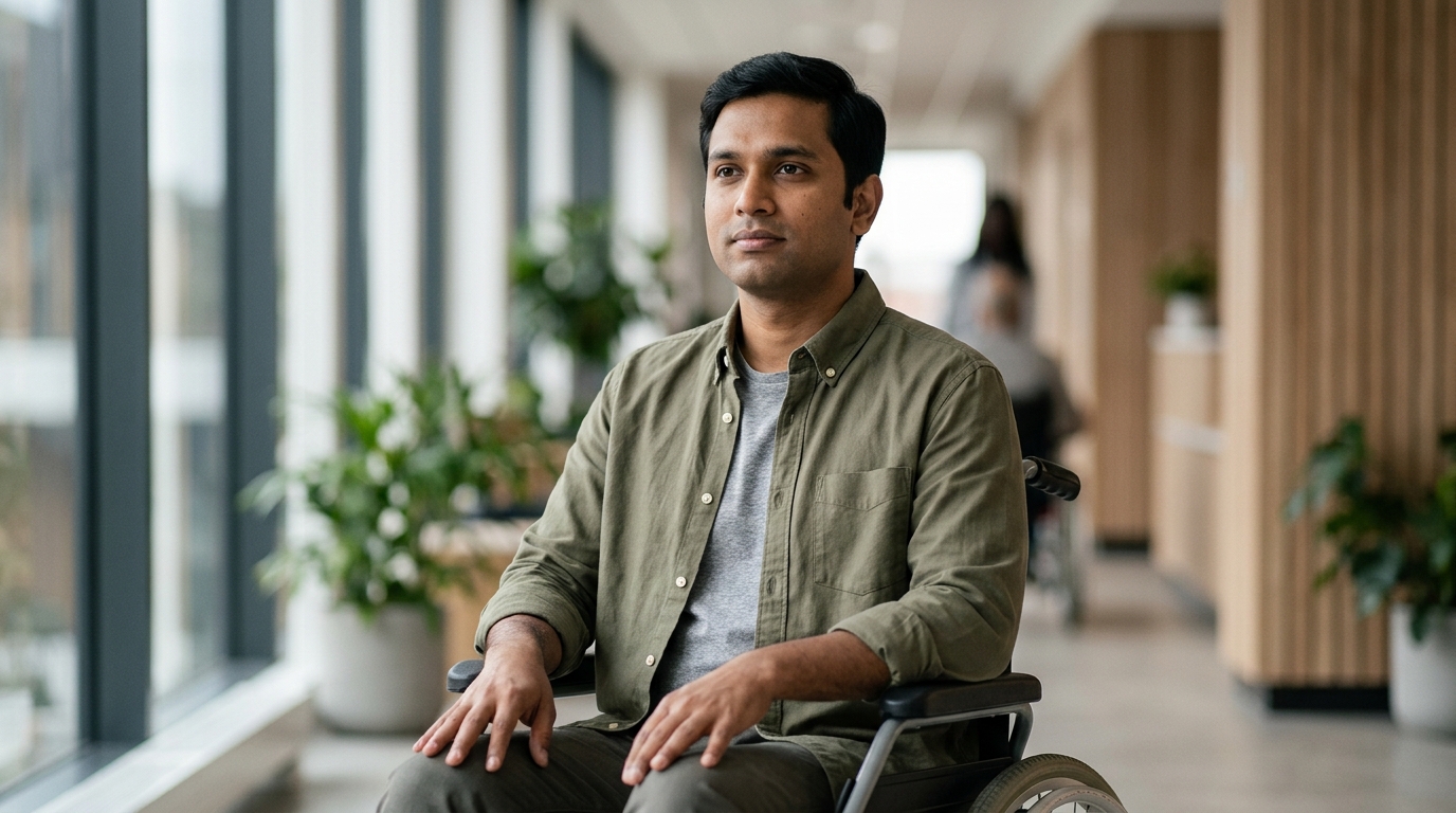 Wheelchair user gazing forward with quiet determination.