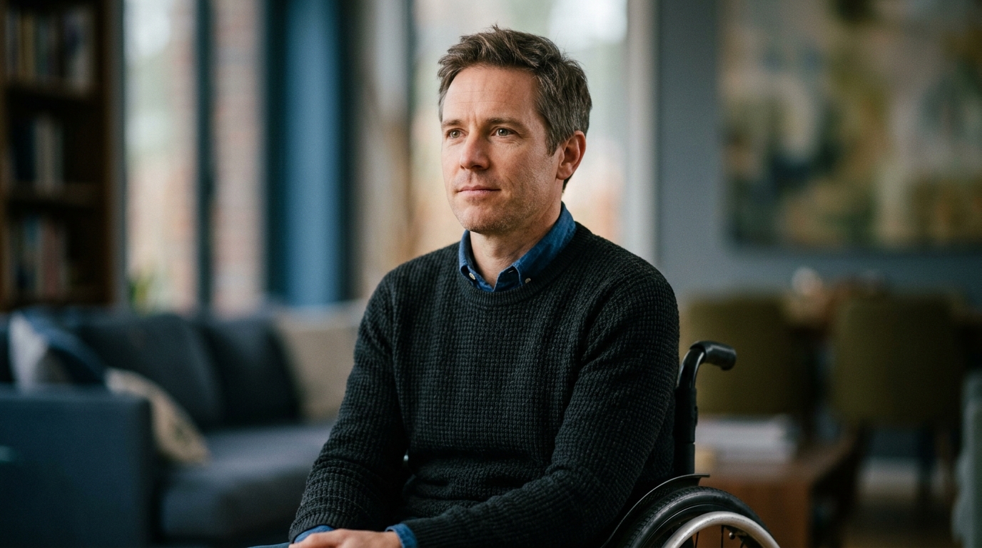 Wheelchair user gazing forward with quiet resolve after a catastrophic spinal injury.