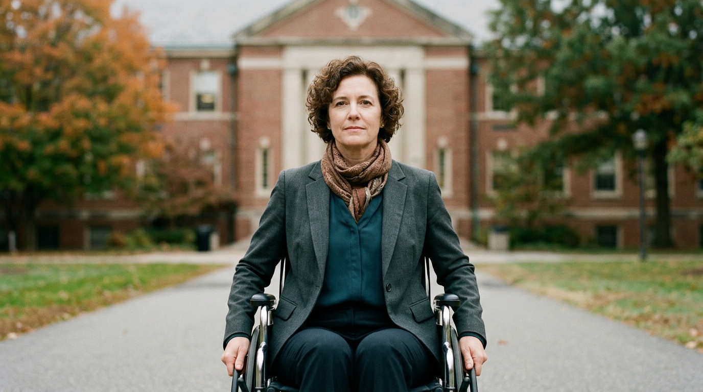 Wheelchair user gazing forward with quiet resolve after a catastrophic injury.