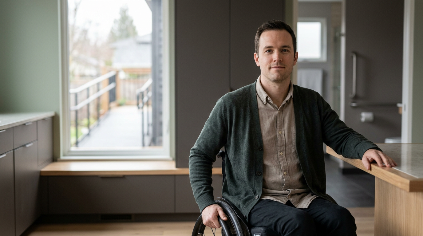 Wheelchair user gazing forward with quiet resolve after a spinal injury.