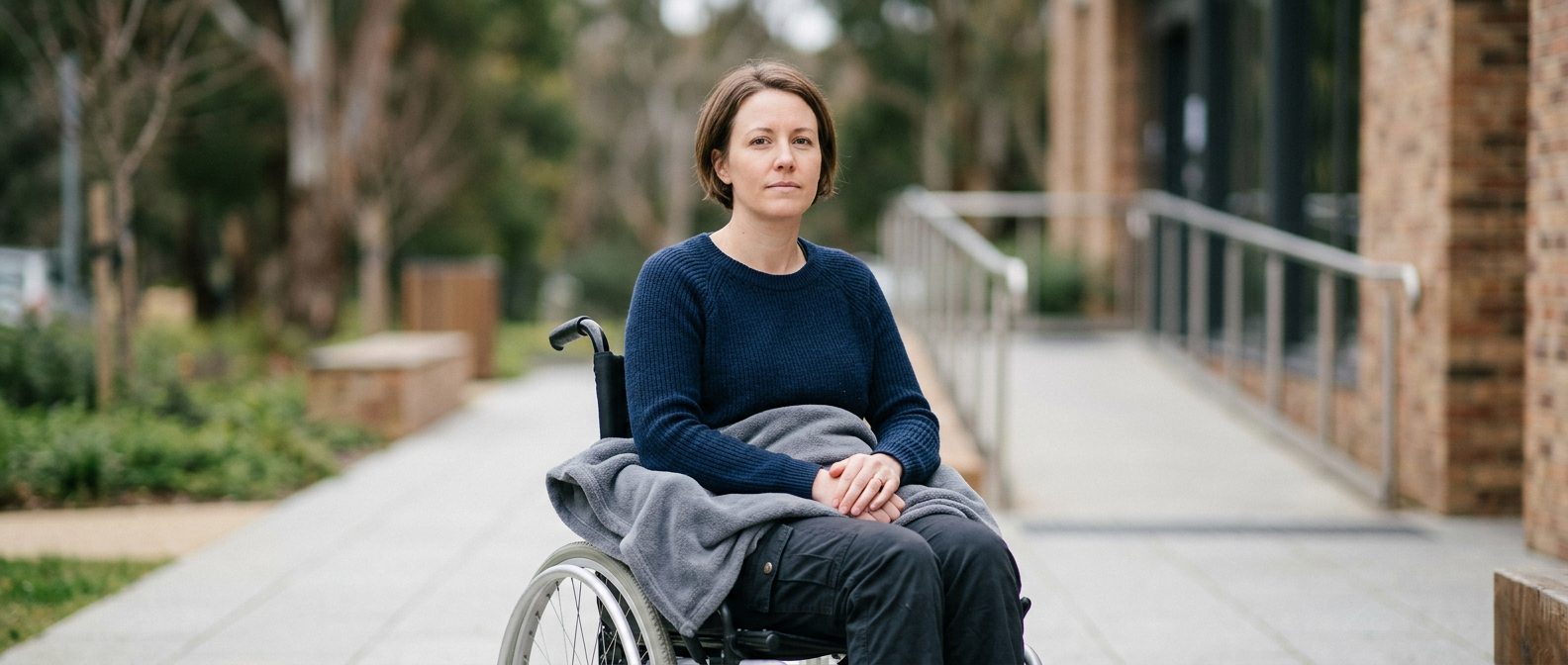 Wheelchair user gazing forward with quiet resolve.