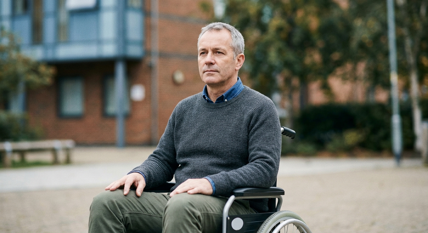 Wheelchair user looking forward with quiet resolve after a catastrophic spinal injury.
