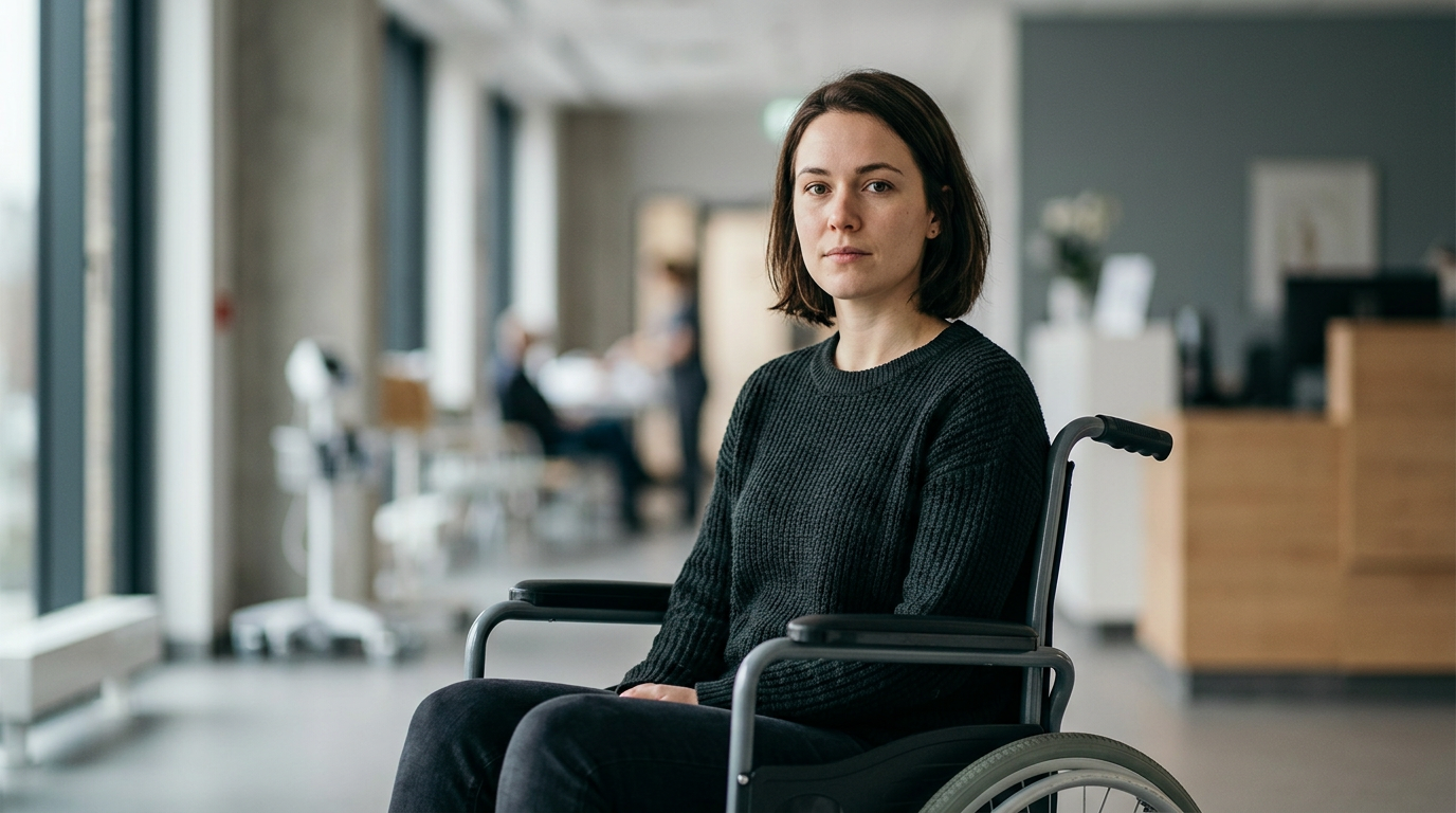 Wheelchair user looking forward with quiet resolve after a catastrophic spinal injury.