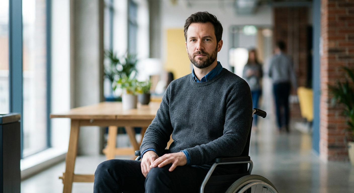 Wheelchair user looking forward with quiet resolve after a catastrophic spinal injury.
