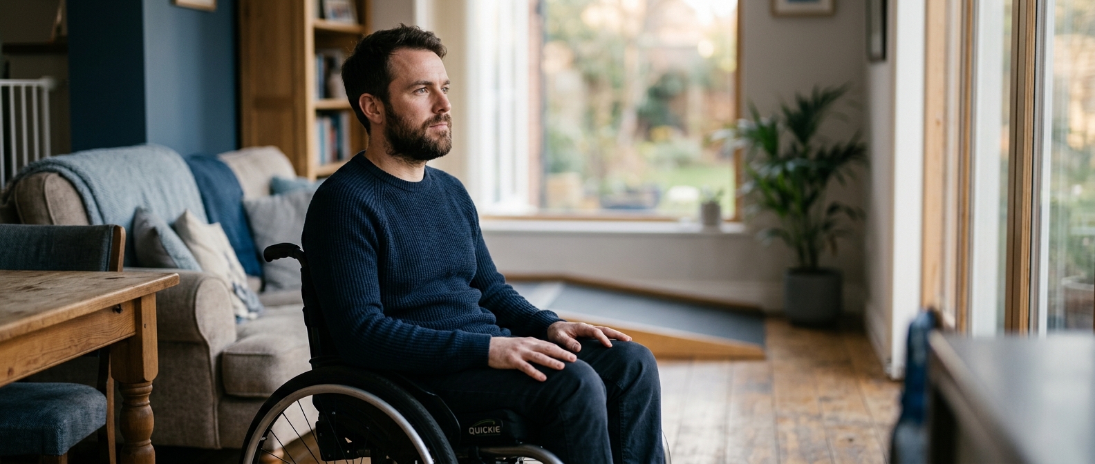 Wheelchair user looking forward with quiet resolve after a catastrophic spinal cord injury.
