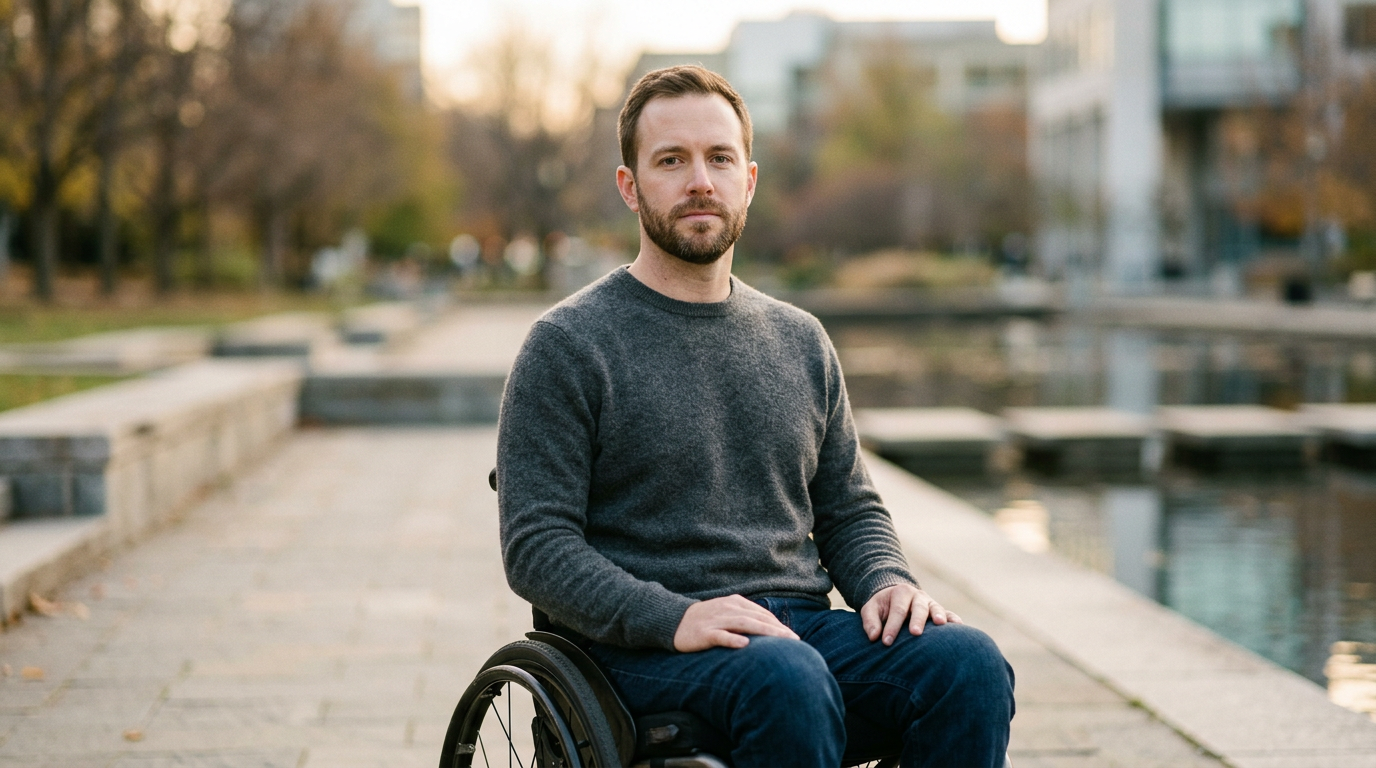 Wheelchair user looking forward with quiet resolve after a catastrophic spinal injury.