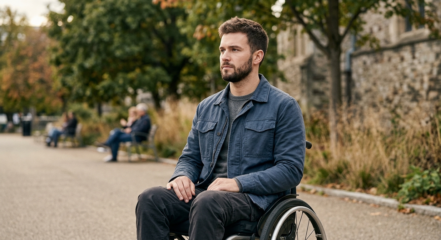 Wheelchair user looking forward with quiet resolve after a catastrophic spinal injury.