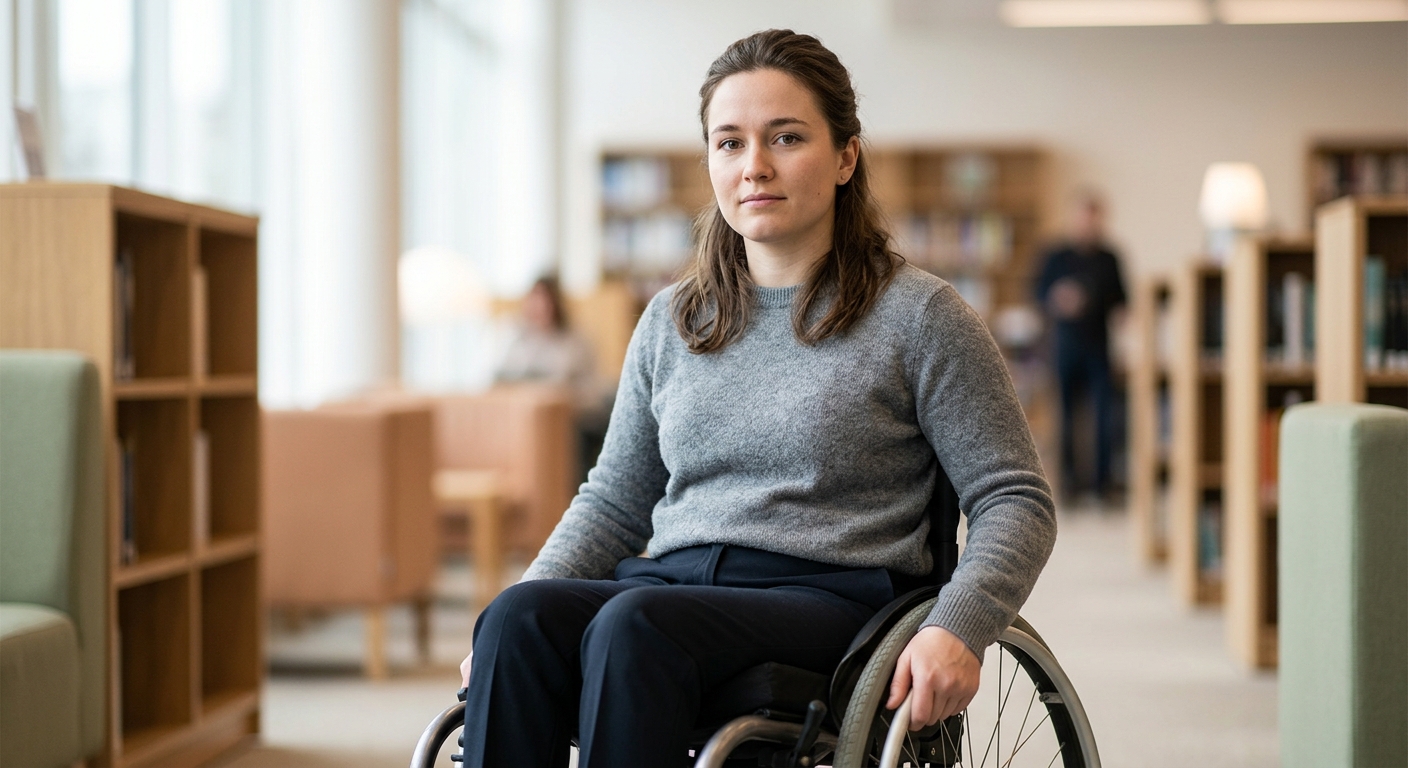 Wheelchair user looking forward with quiet resolve after a catastrophic spinal injury.