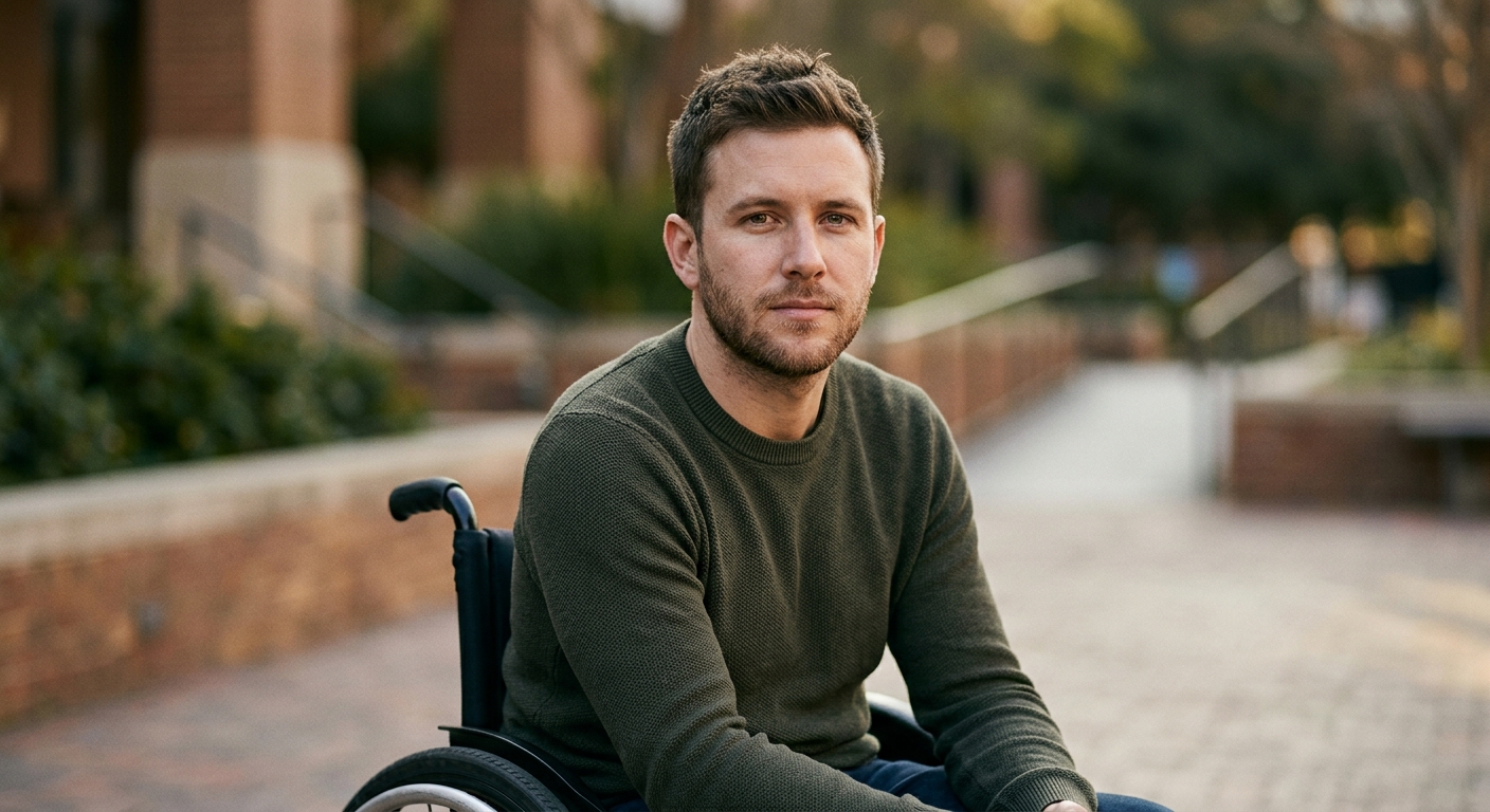 Wheelchair user looking forward with quiet resolve after a catastrophic spinal injury.