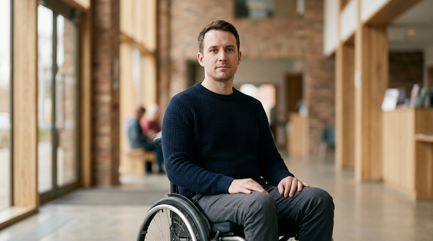 Wheelchair user looking forward with quiet resolve after a catastrophic spinal cord injury.