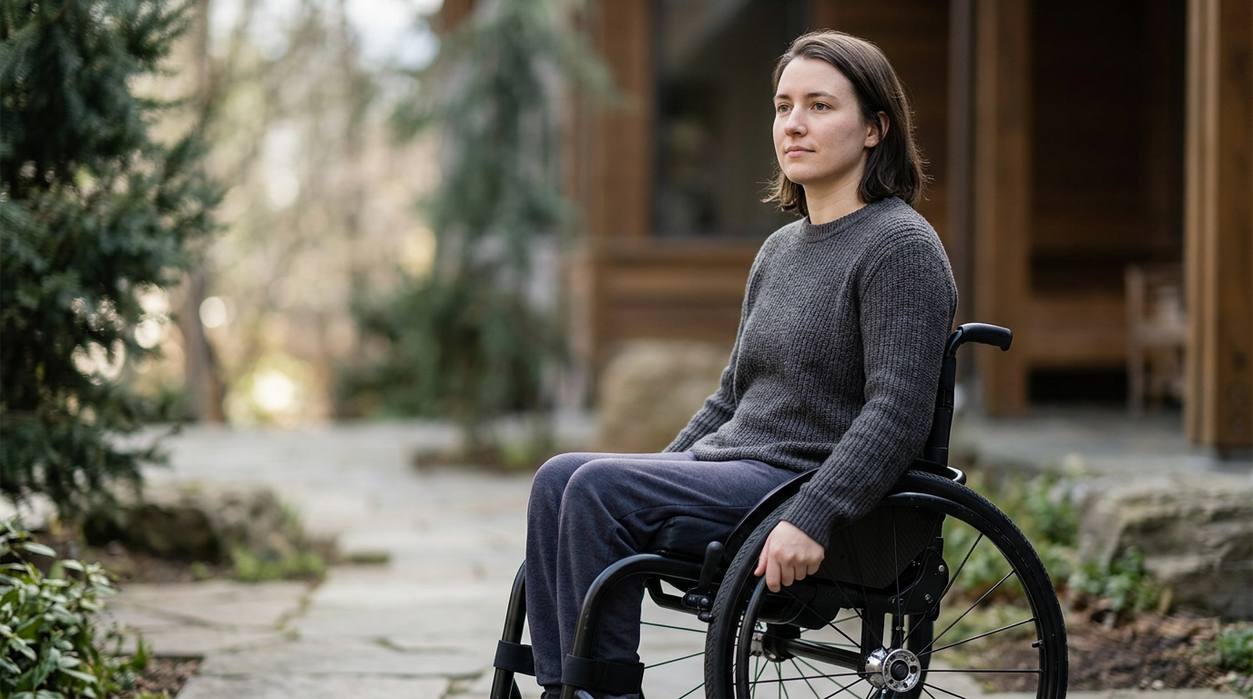 Wheelchair user looking forward with quiet resolve after a catastrophic spinal injury.