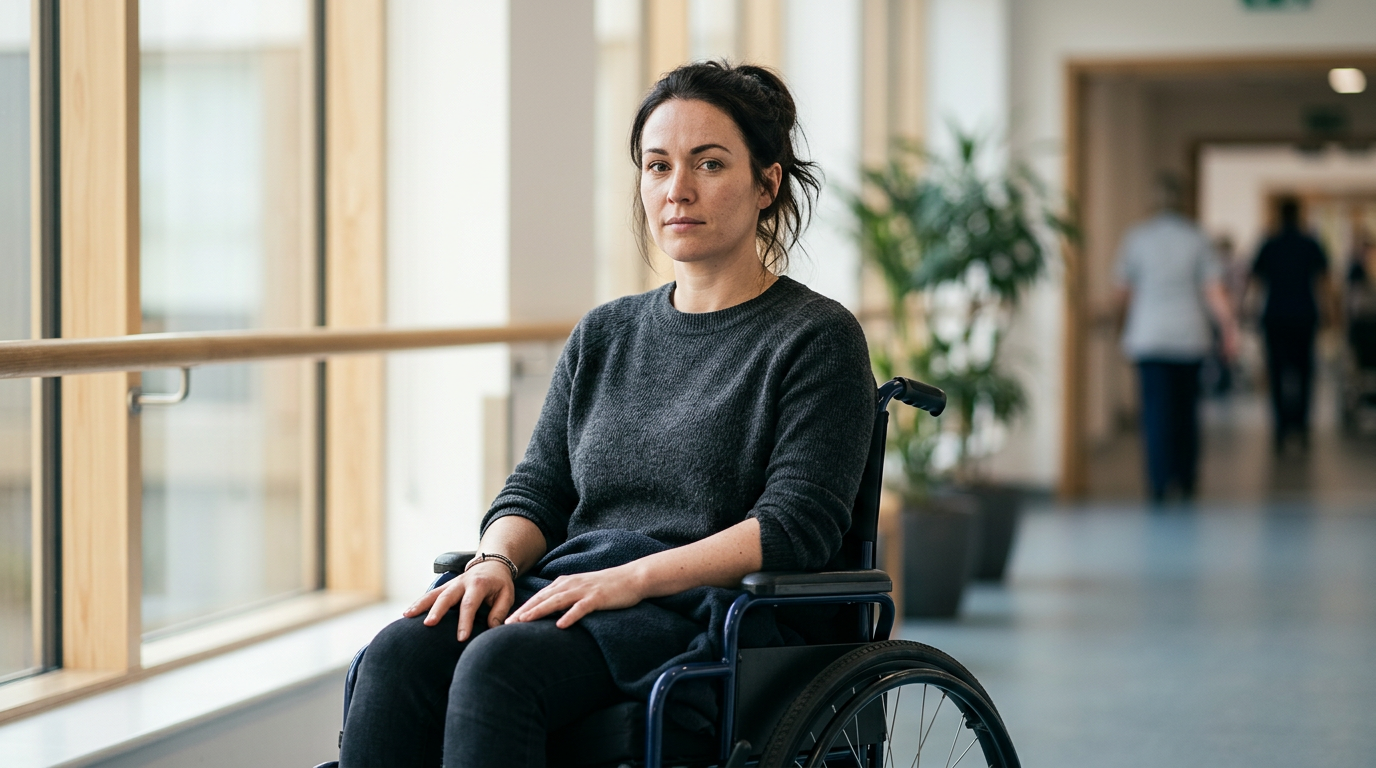Wheelchair user looking forward with quiet resolve after catastrophic spinal injury.