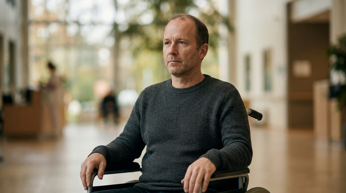 Wheelchair user looking forward with quiet resolve after catastrophic spinal injury.