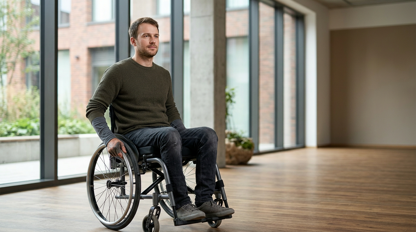 Wheelchair user looking forward with quiet resolve after catastrophic spinal injury.