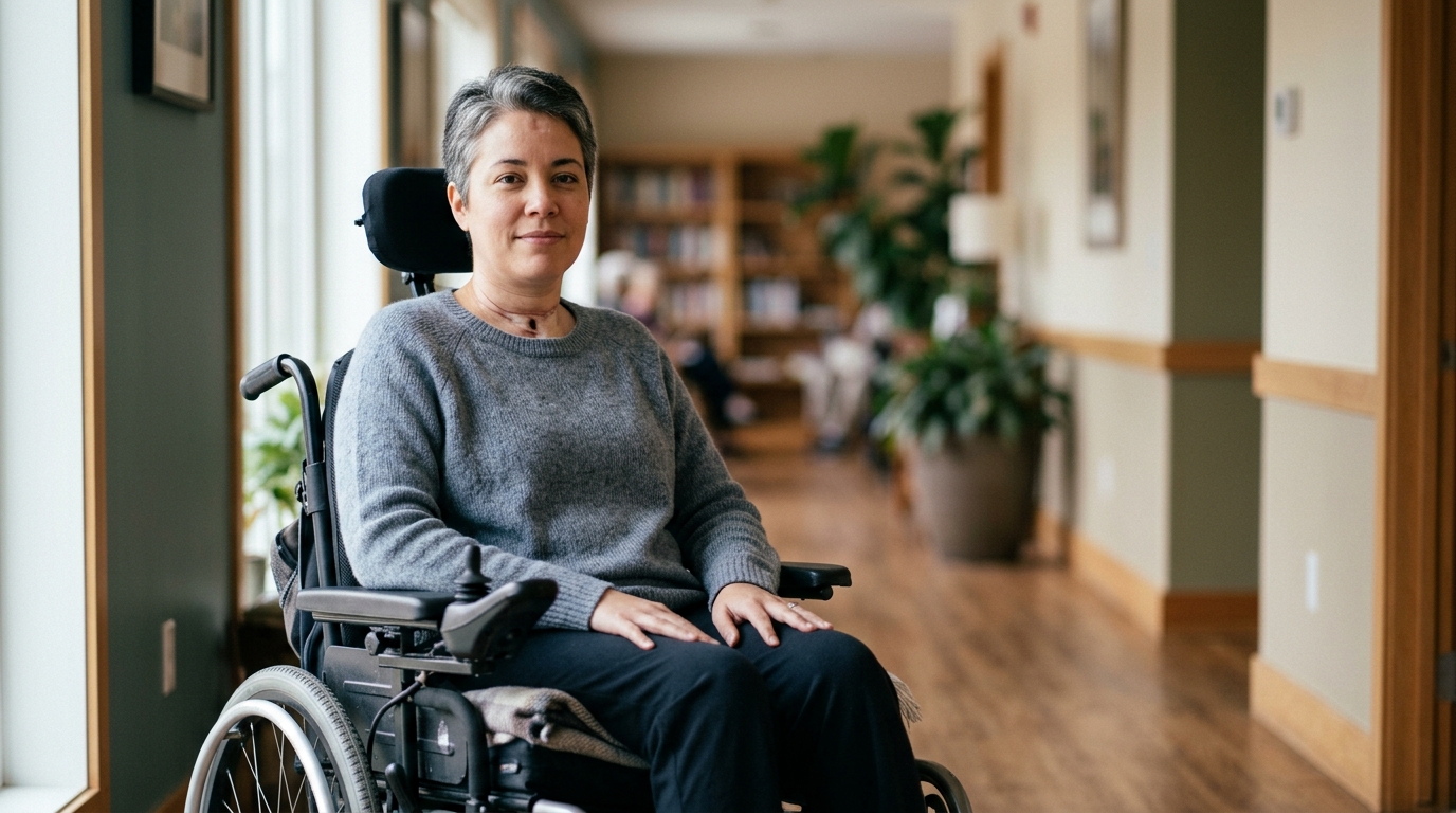 Wheelchair user looks forward with quiet resolve after a catastrophic spinal injury.
