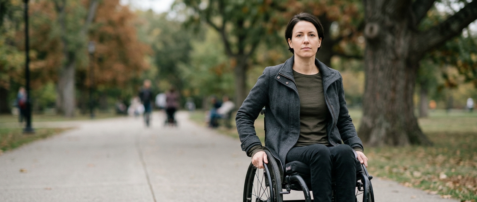 Wheelchair user seen from behind looking forward with quiet resolve.
