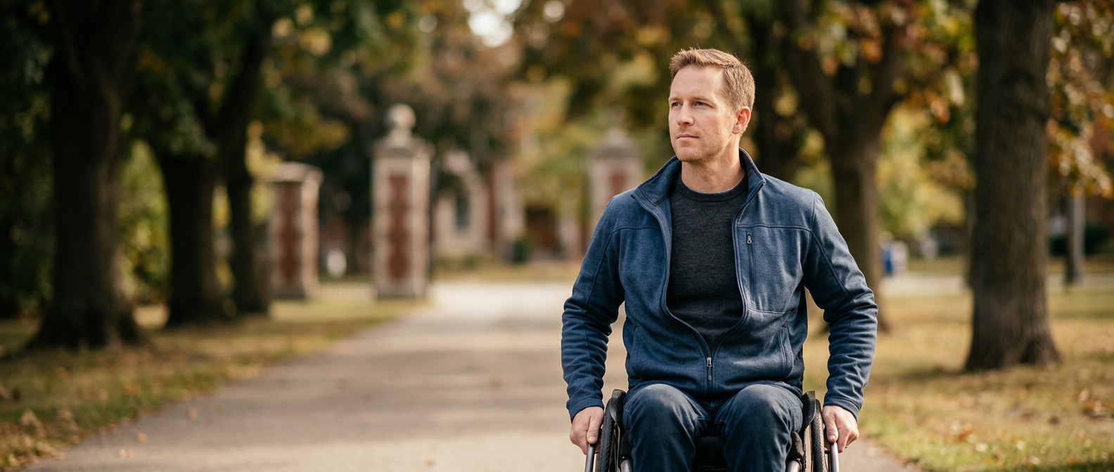 Wheelchair user with a catastrophic spinal injury looking forward with quiet resolve.