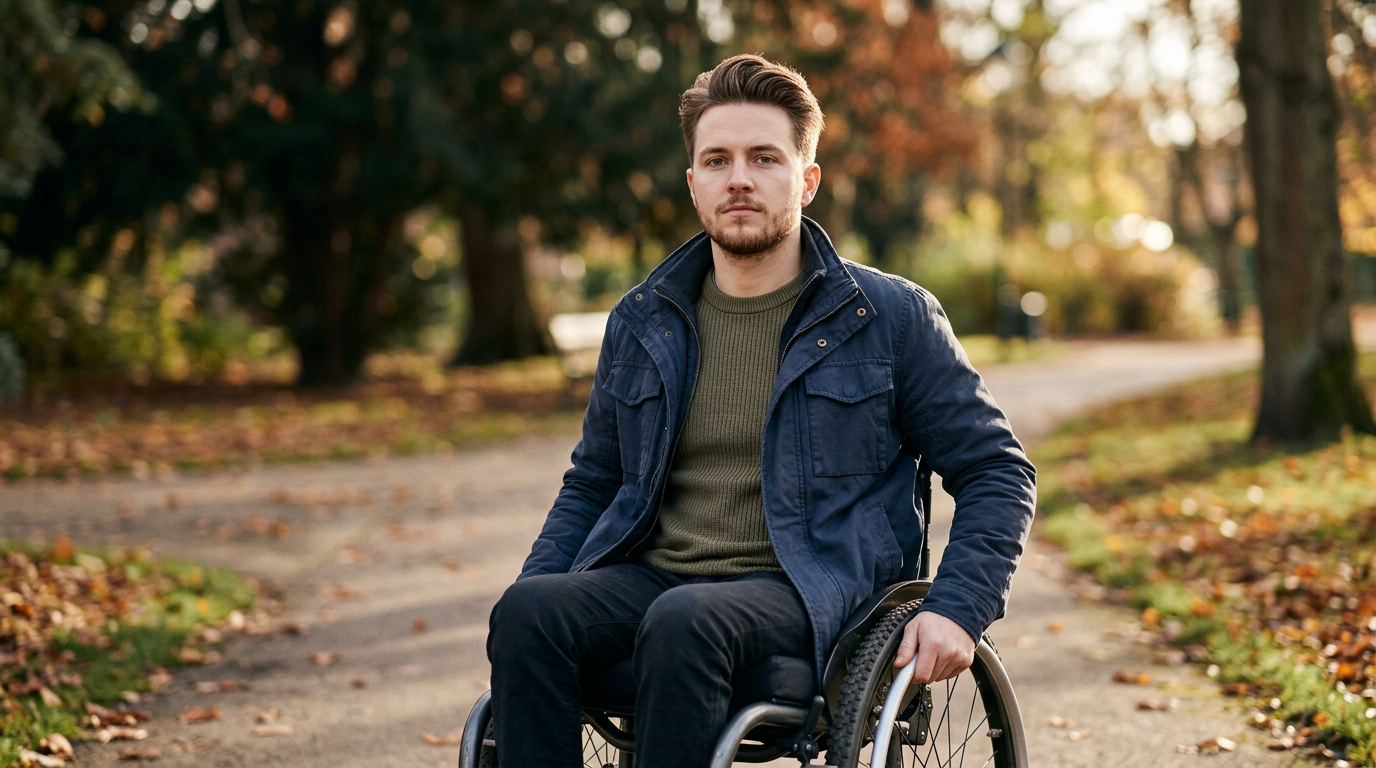 Wheelchair user with a spinal cord injury looking ahead with quiet determination.