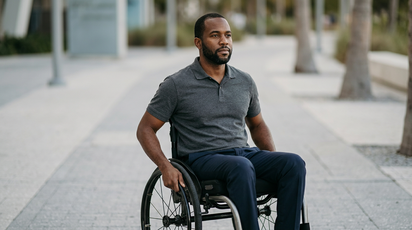 Wheelchair user with a spinal injury looking forward with quiet resolve.