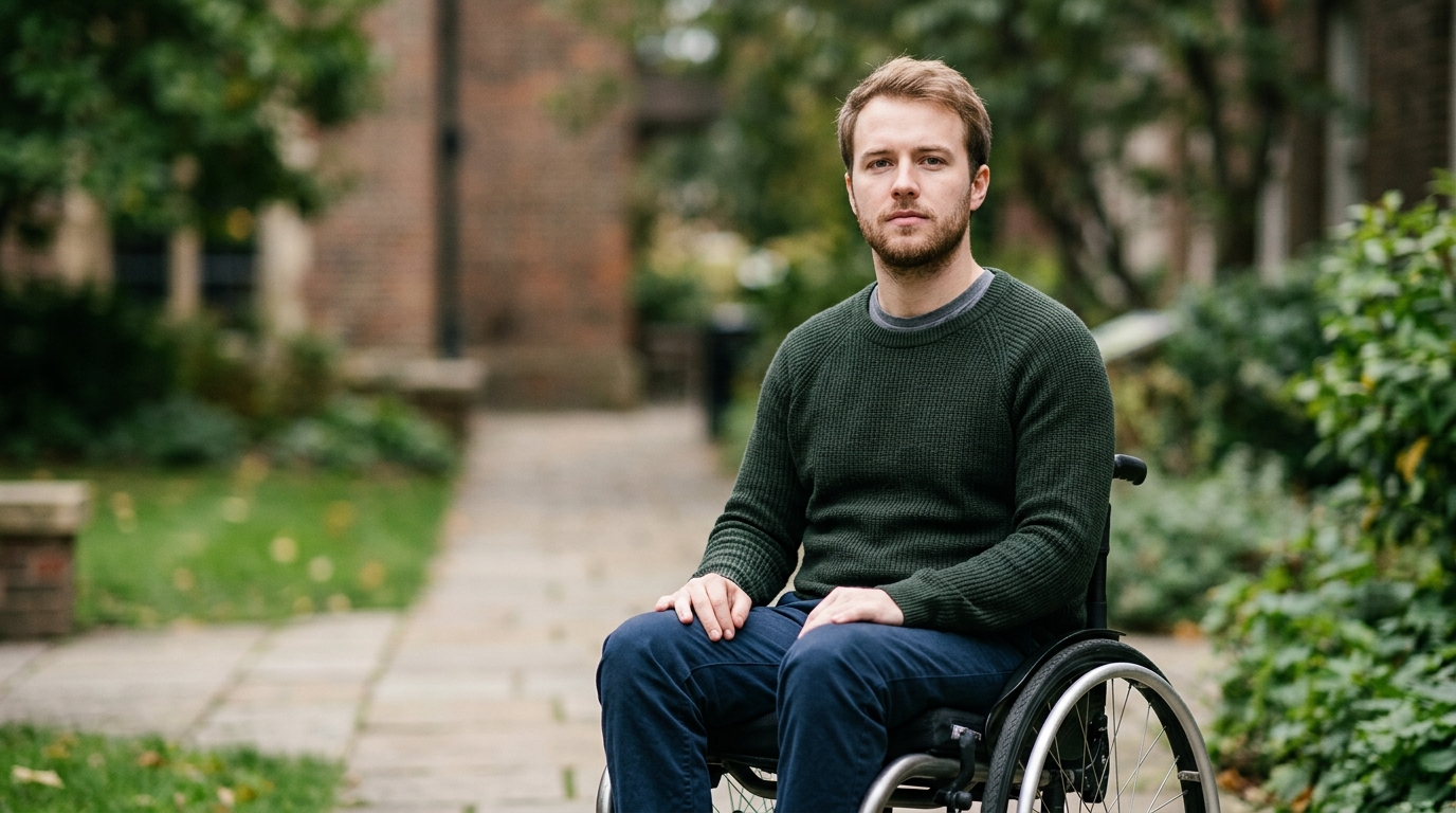 Wheelchair user with a spinal injury looking forward with quiet resolve.