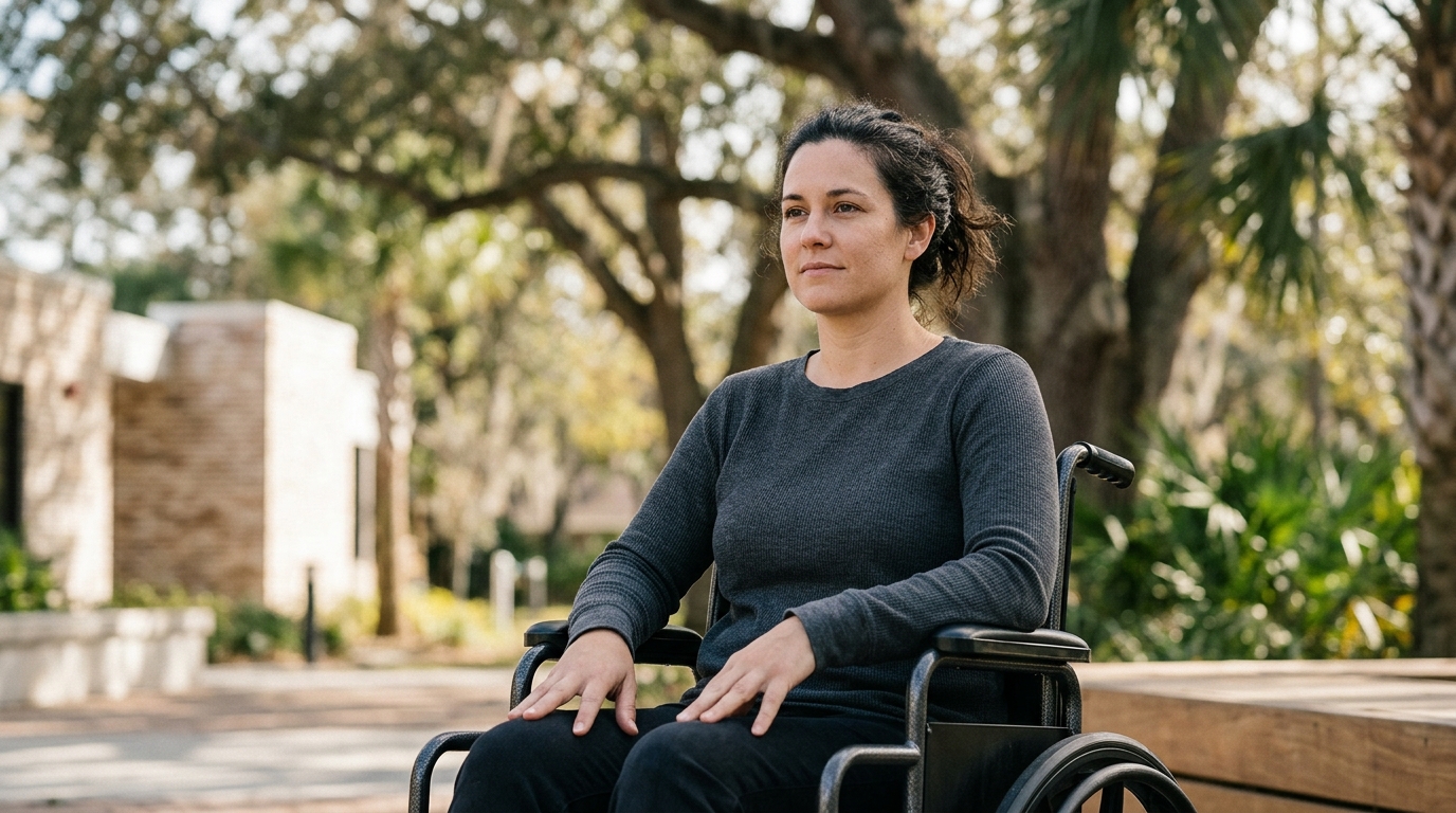 Wheelchair user with a spinal injury looks forward with quiet resolve after a truck accident.