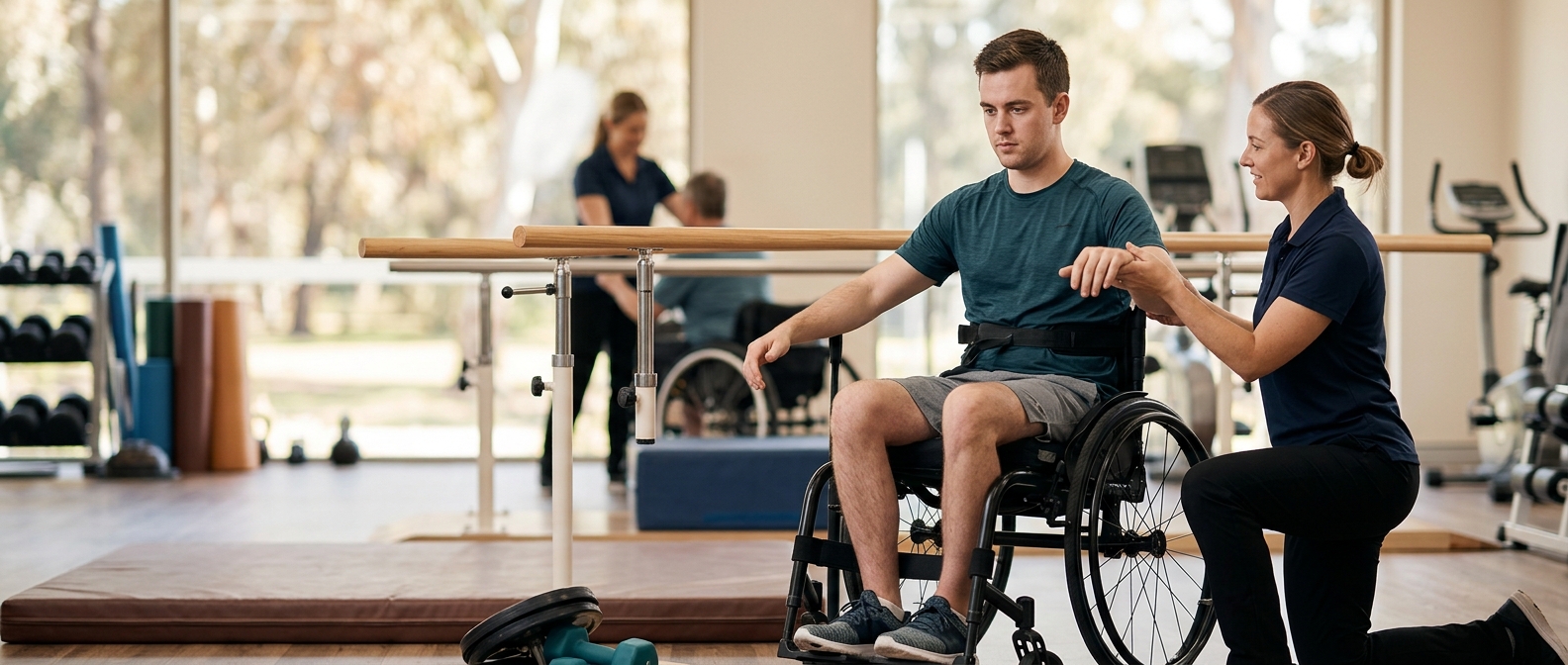 Wheelchair user works with a physical therapist during spinal-cord-injury rehabilitation in a gym.
