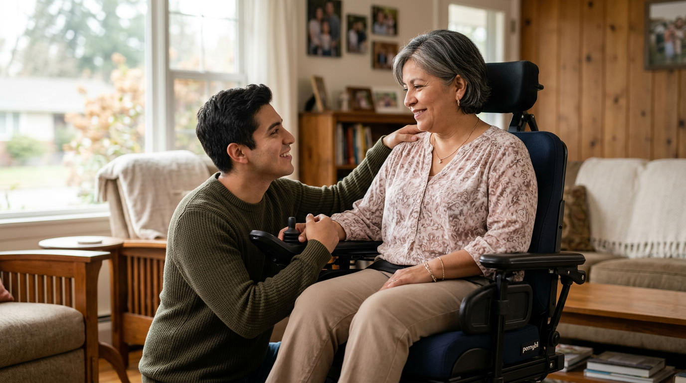 Woman tenderly supporting a Hispanic loved one using a power wheelchair at home.