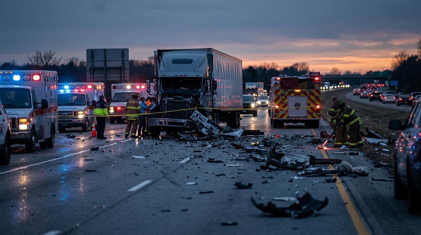 Wrecked commercial truck on a highway at dusk after a serious collision.