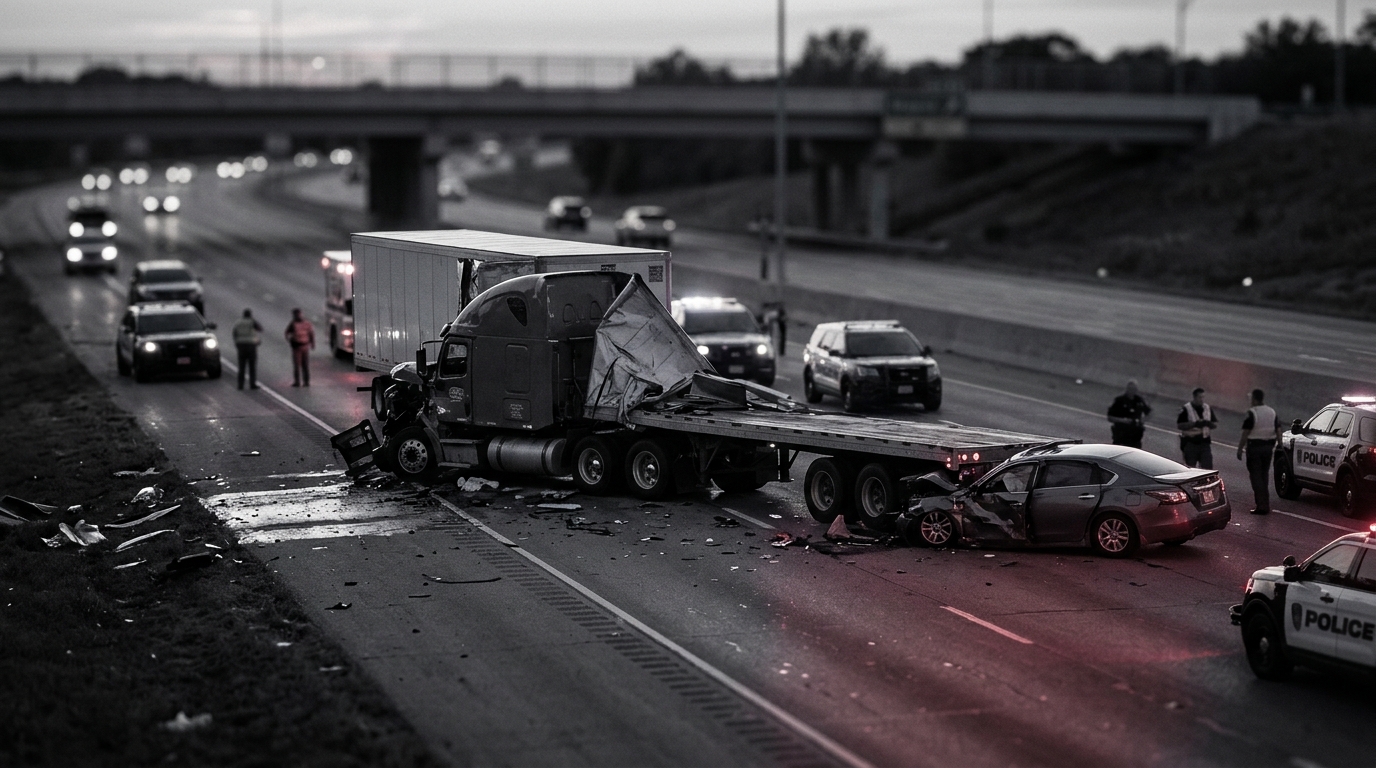 Wrecked commercial truck on a highway at dusk after a serious collision.