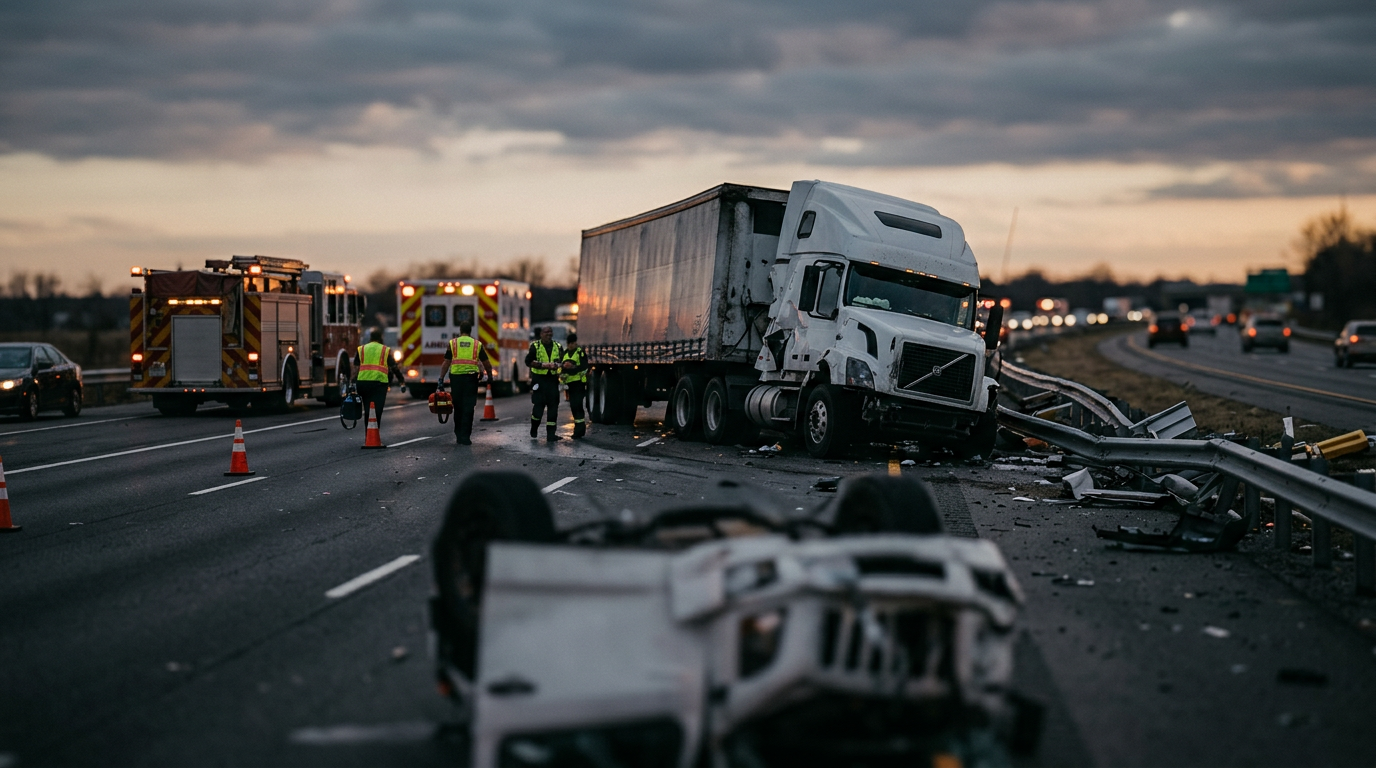 Wrecked commercial truck on a highway at dusk after a serious collision.