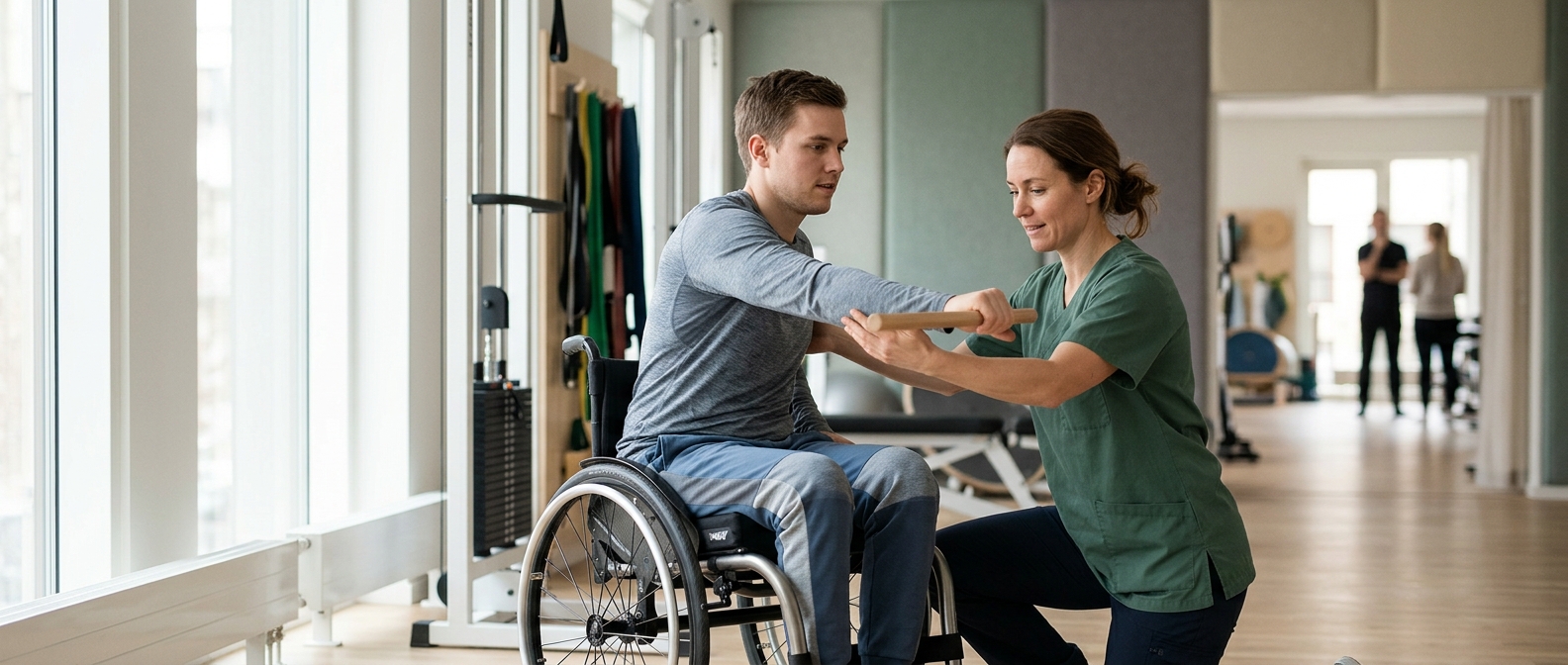 Young adult in a wheelchair working with a physical therapist in a spinal cord injury rehabilitation gym.