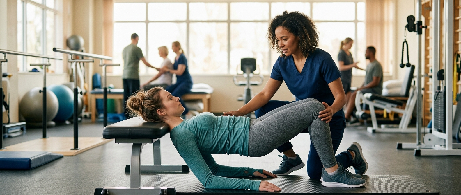 Young adult in a wheelchair working with a physical therapist in a spinal-cord-injury rehabilitation gym.