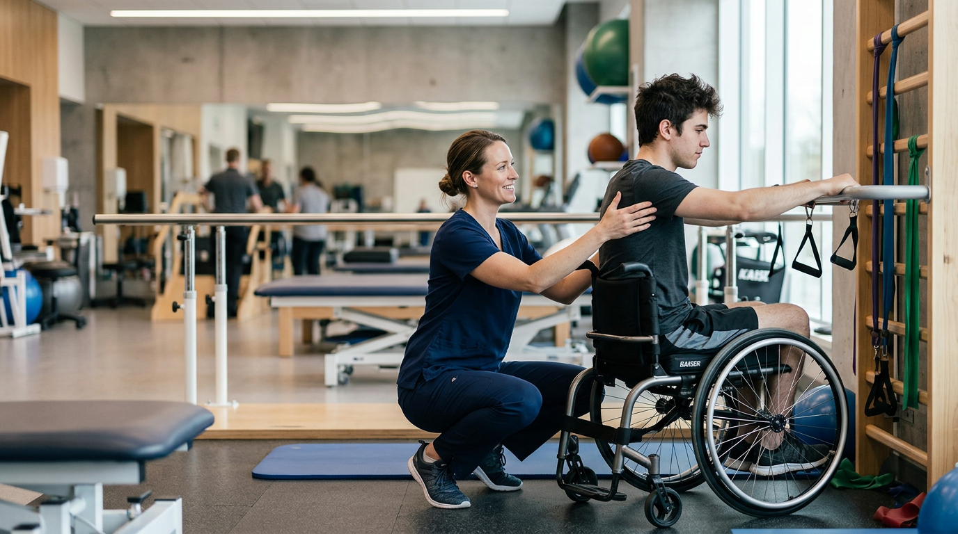 Young adult in a wheelchair working with a physical therapist in a spinal-cord-injury rehabilitation gym.