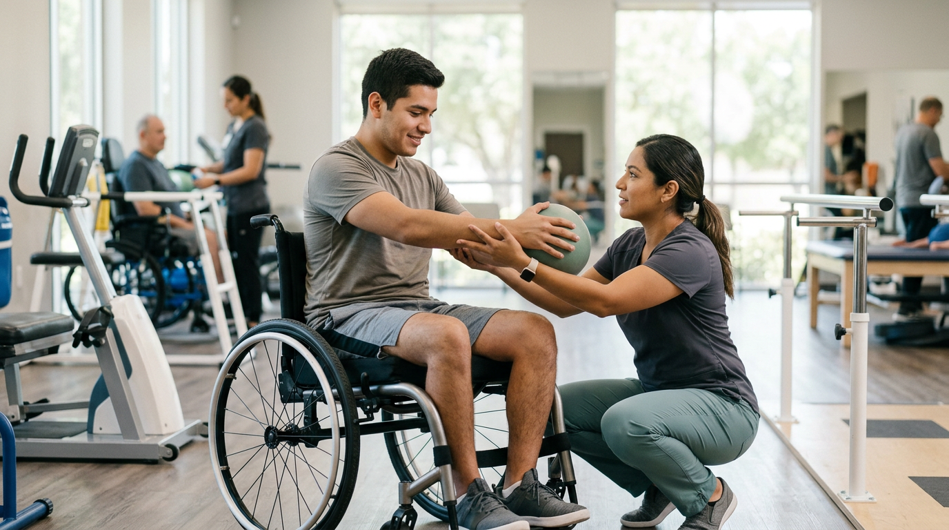 Young adult in a wheelchair working with a physical therapist in a rehabilitation gym.