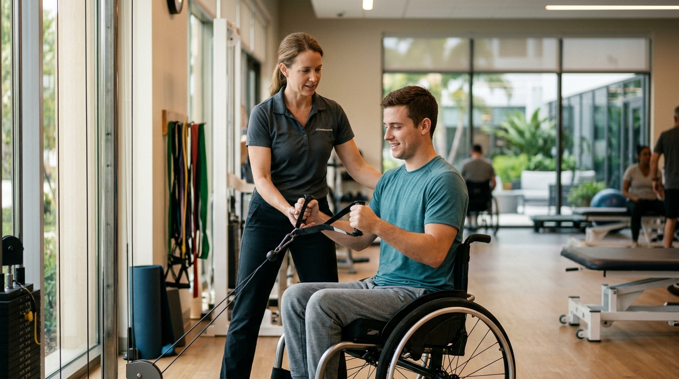 Young adult in a wheelchair working with a physical therapist in a spinal-cord-injury rehabilitation gym.