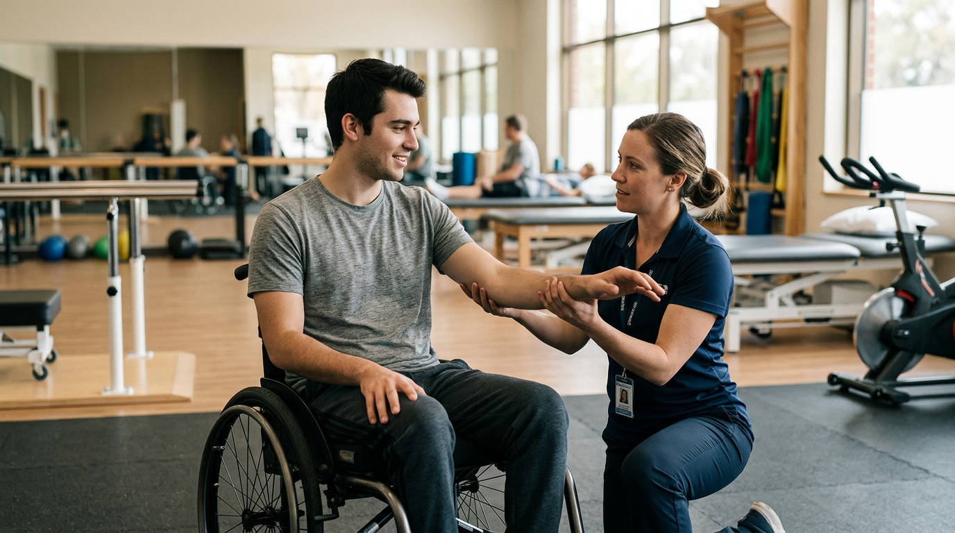 Young adult in a wheelchair working with a physical therapist in a rehabilitation gym.