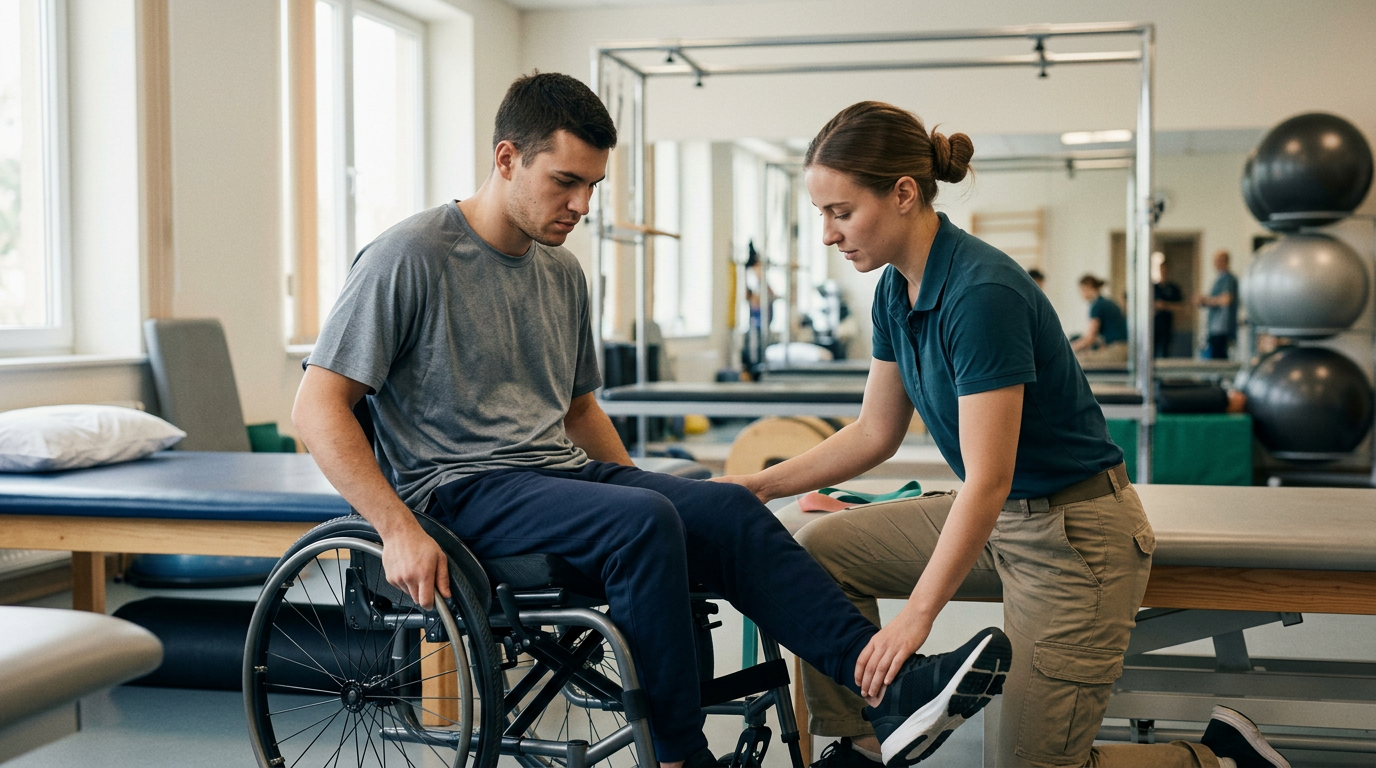 Young adult in a wheelchair working with a physical therapist in a rehabilitation gym.