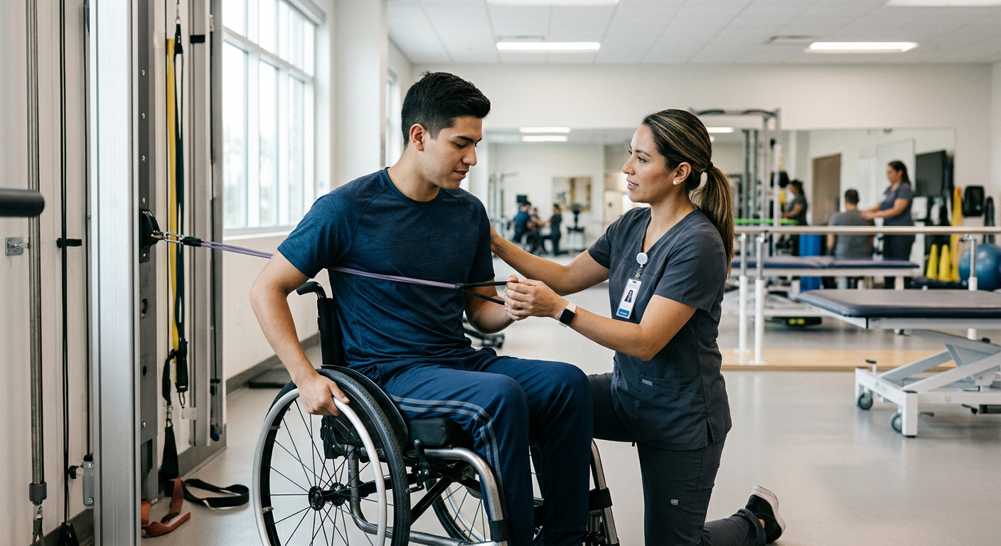 Young adult in a wheelchair working with a physical therapist in a rehabilitation gym.