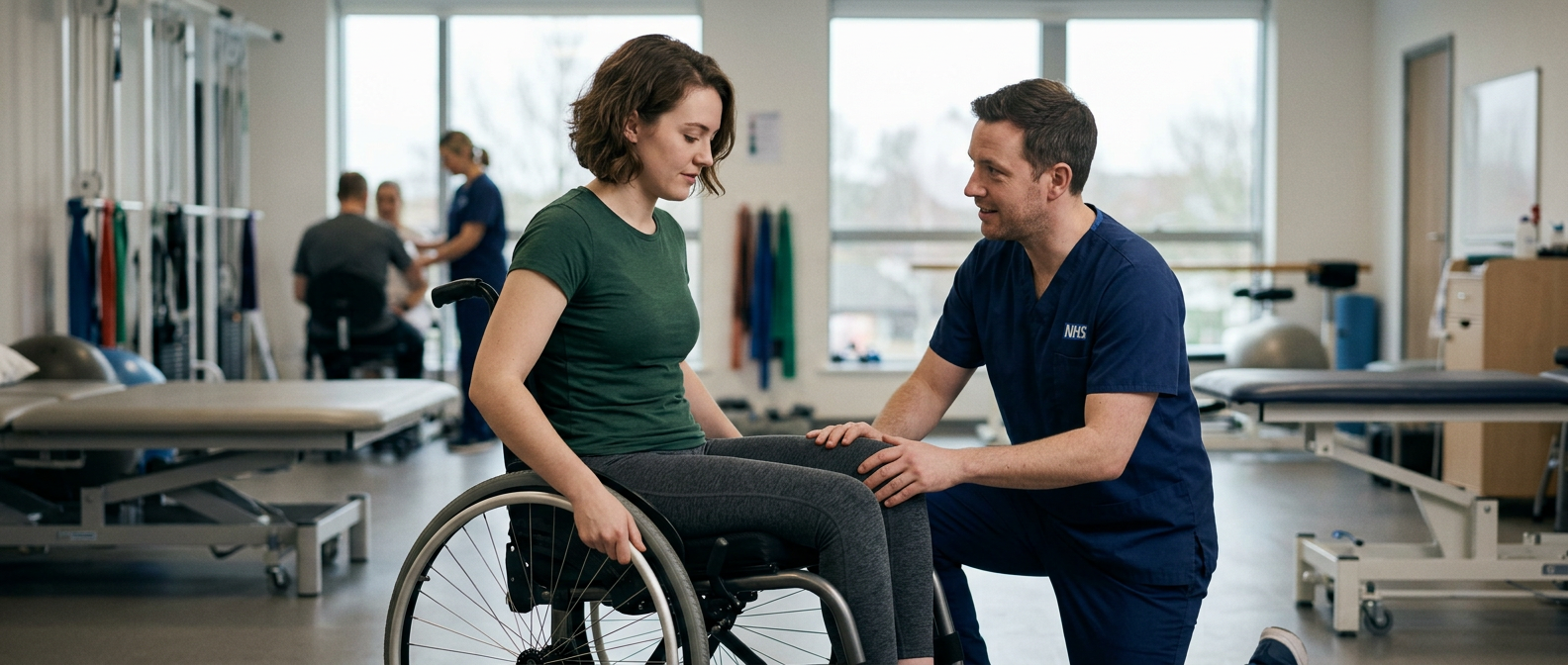 Young adult in a wheelchair working with a physical therapist in a spinal-cord-injury rehabilitation gym.