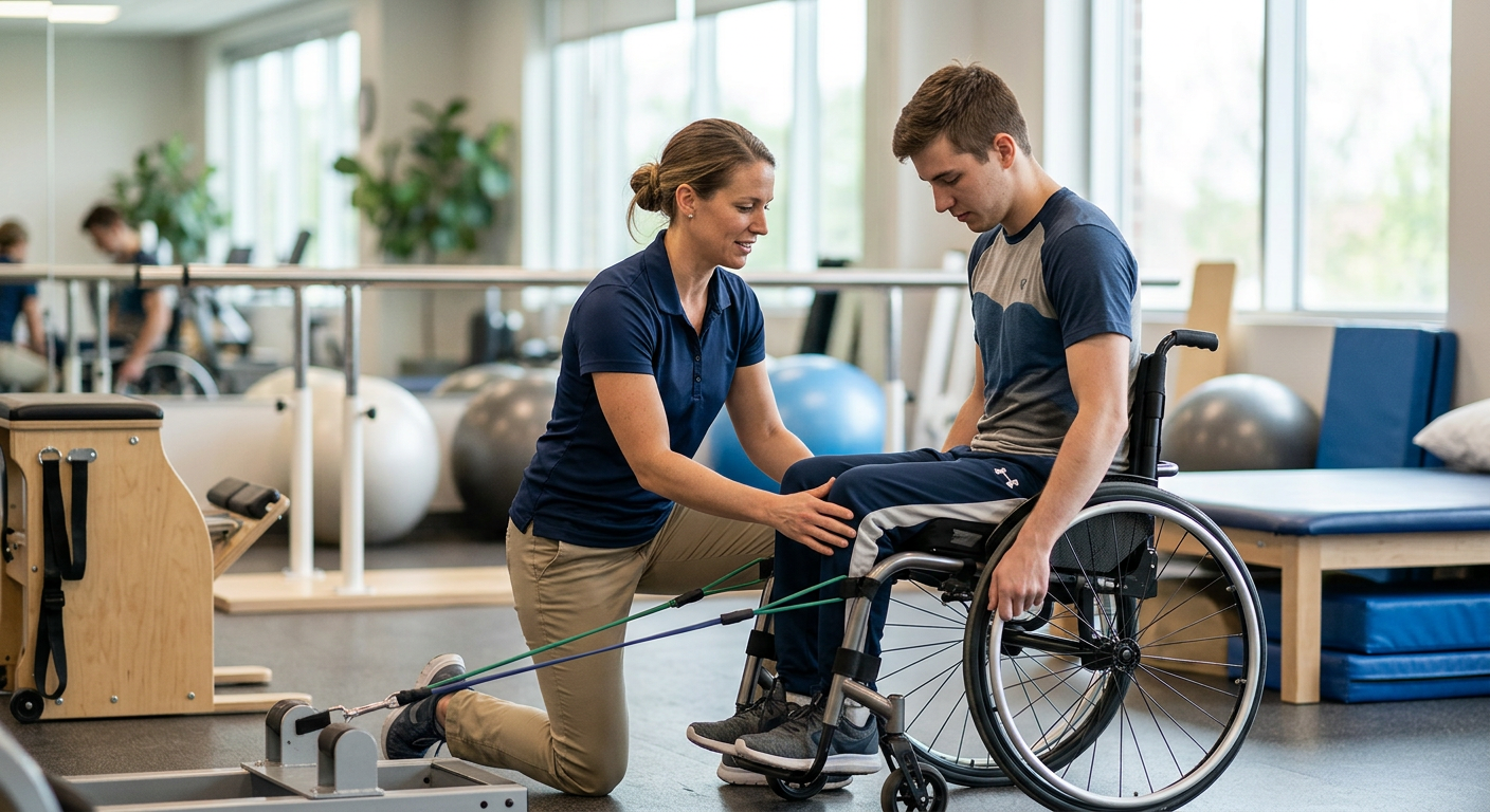 Young adult in a wheelchair working with a physical therapist in a spinal-cord-injury rehabilitation gym.
