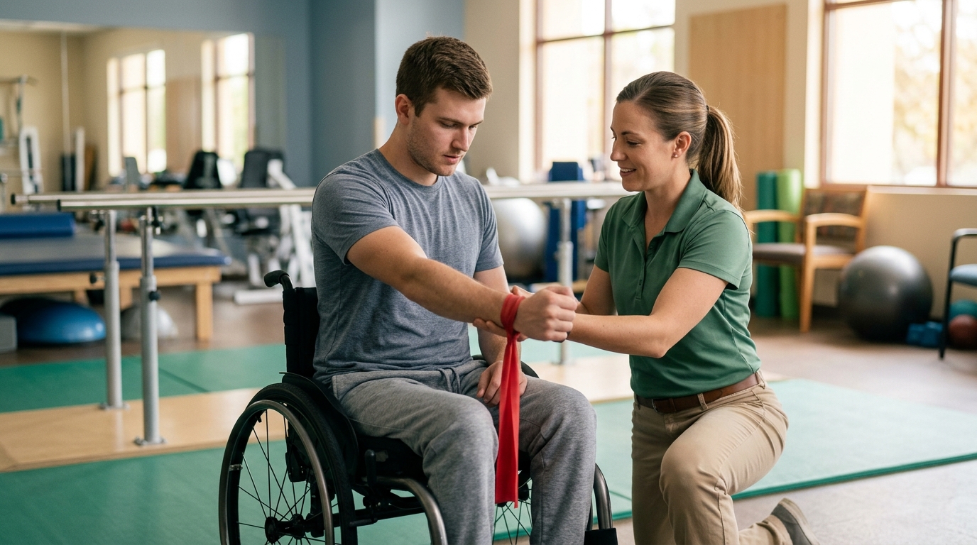 Young adult in a wheelchair working with a physical therapist in a rehabilitation gym.