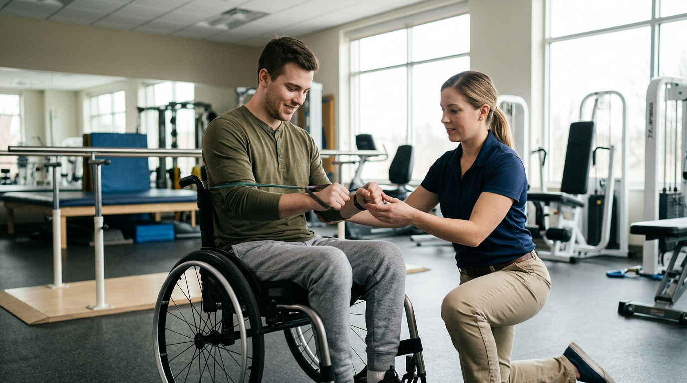 Young adult in a wheelchair working with a physical therapist in a spinal-cord-injury rehabilitation gym.