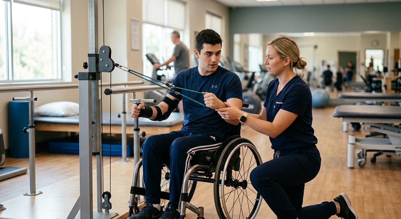 Young adult in a wheelchair working with a physical therapist in a spinal-cord-injury rehabilitation gym.