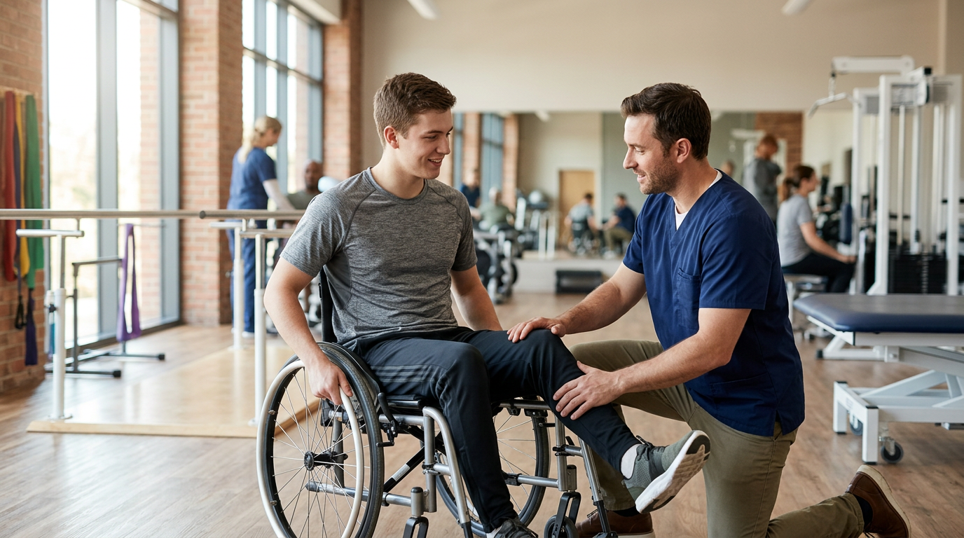 Young adult in a wheelchair working with a physical therapist in a spinal-cord-injury rehabilitation gym.