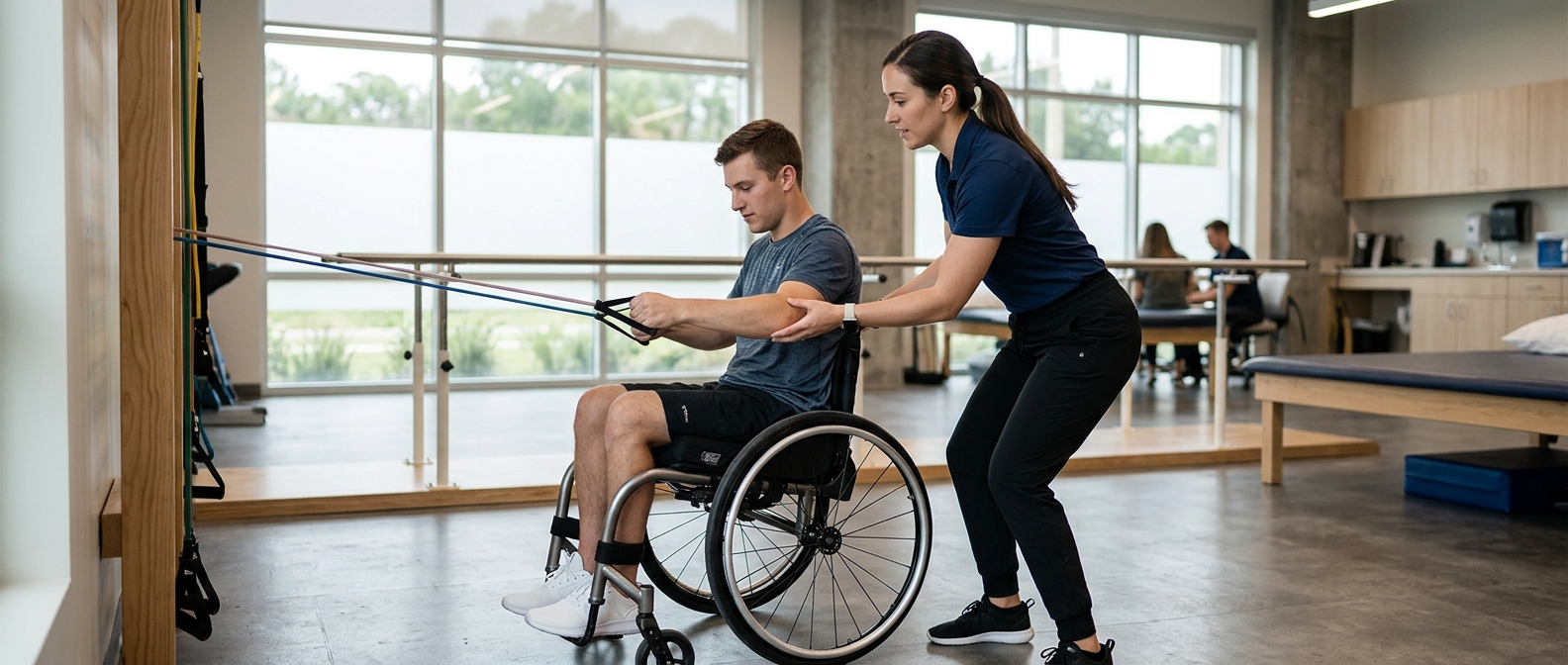 Young adult in a wheelchair working with a physical therapist in a spinal-cord-injury rehabilitation gym.