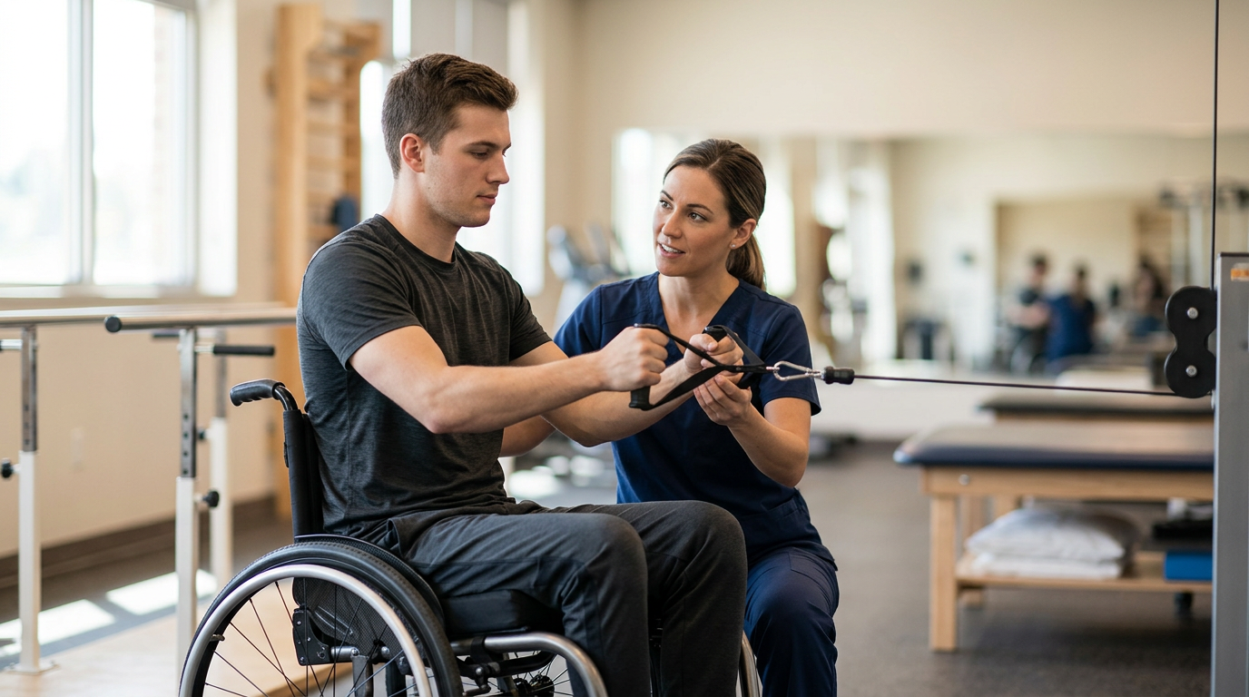 Young adult in a wheelchair working with a physical therapist in a spinal-cord-injury rehabilitation gym.